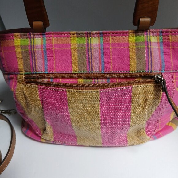 Seersucker & Hemp Plaids & Stripes Wood Satchel Handle & Removable Strap NWOT - Picture 5 of 8